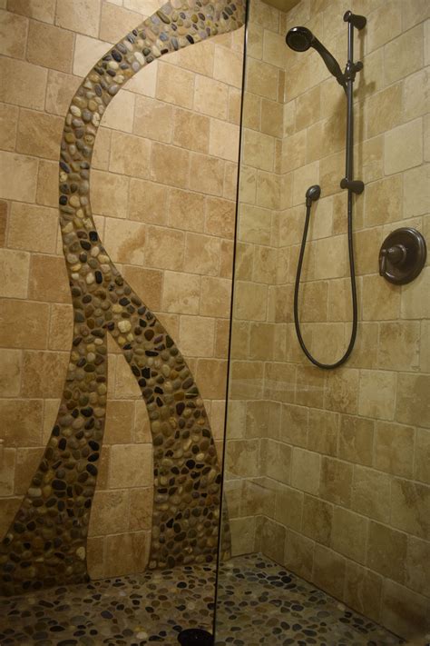 Natural Stone Travertine Shower With Pebble Design On The Wall And