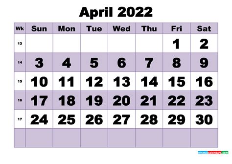 Free April 2022 Printable Monthly Calendar Template