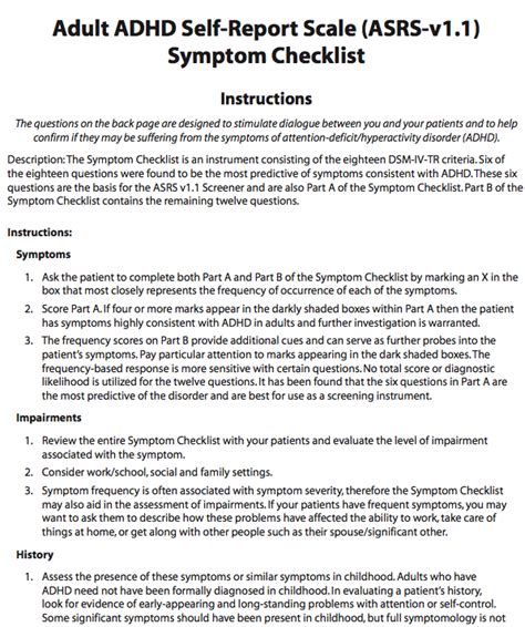 90.000 stichwörter und wendungen sowie 120.000 übersetzungen. Adult ADHD Self-Report Scale (ASRS-v1.1) Symptom Checklist ...