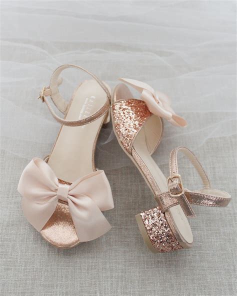 Rose Gold Rock Glitter Block Heel Sandals With Blush Satin Bow Block