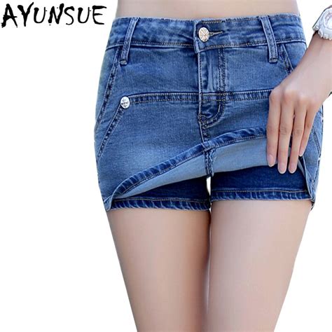 New 2018 Summer Denim Shorts Skirt Pants Fake Two Pieces Sex Blue