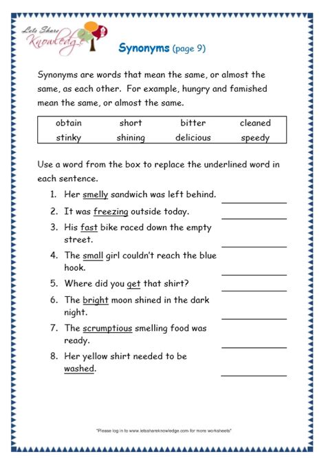 Synonyms Worksheet For Grade 5