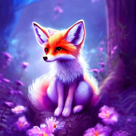 Premium Ai Image Cute Fox Sitting On A Purple Flowers Illustration