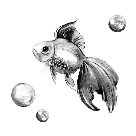 Fish And Bubbles Black And White Watercolor Illustration Stock