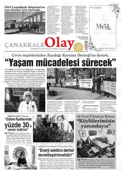14 Şubat 2022 tarihli Çanakkale Olay Gazete Manşetleri
