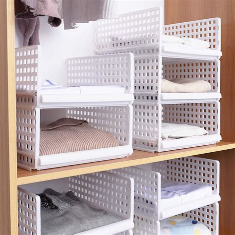 Set Of 4 Stackable Wardrobe Storage Box Organizer Plastic White