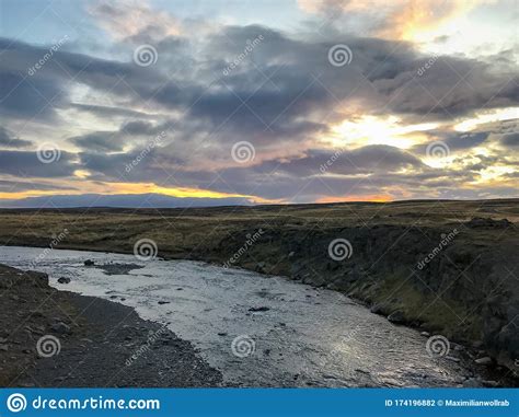 Natural River In Iceland During Sunset Wild Water Icelandic Landscape