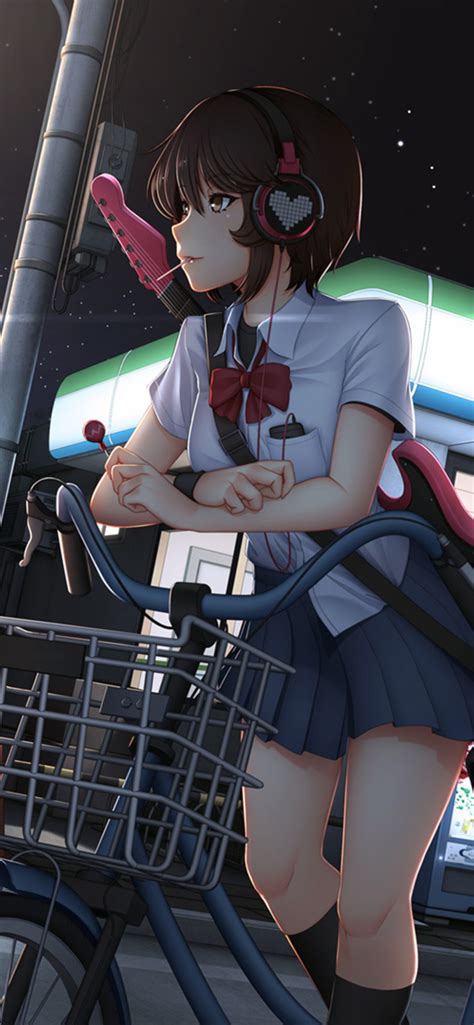 1242x2688 Cute Anime Girl With Bicycle Listening Music On Headphones