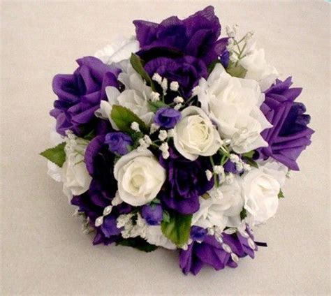 Many brides prefer silk arrangements because they will last forever without fading. Purple Wedding Bouquet silk rose bouquet white roses ...