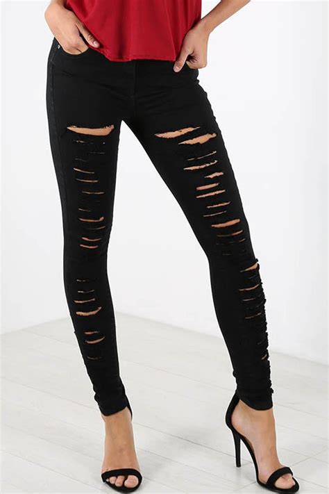 Womens Ladies Girls High Waist Extreme Ripped Black Skinny Denim Jeans Jeggings Ebay