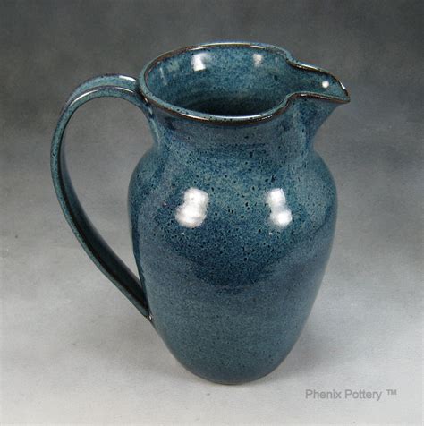 Large Blue Ceramic Pitcher Hand Thrown Stoneware Pottery