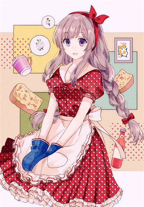 Safebooru 1girl Absurdres Apron Bangs Blue Mittens Bow Braid Collar Cup Dress Eyebrows Visible
