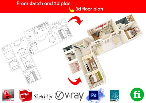 convert 2d floor plan into 3d floor plan by iparchitect100 fiverr