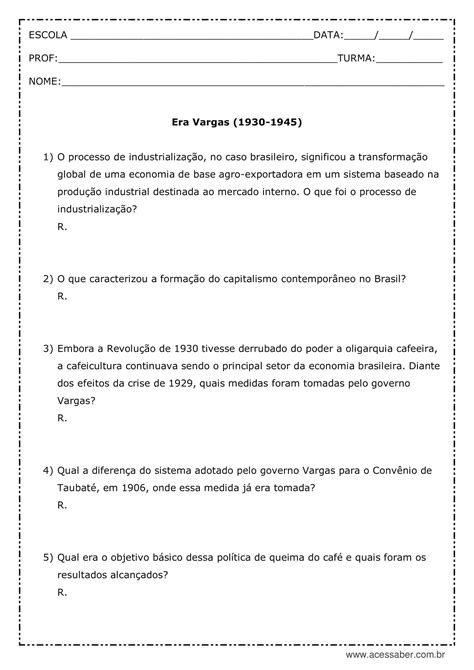 Questões Era Vargas Dissertativas 9º Ano