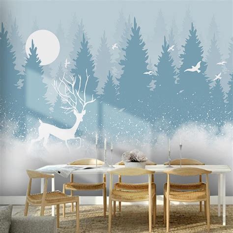 Custom Mural Self Adhesive Wallpaper Nordic Forest Elk Bird Bvm Home