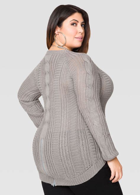Zip Back Hi Lo Cable Sweater Ashley Stewart Fashionable Plus Size