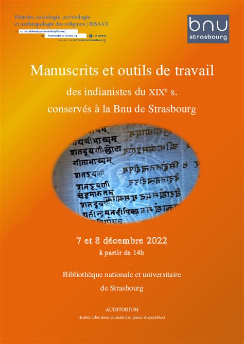 Manuscrits Et Outils De Travail Des Indianistes Du Xixe S Conservés à La Bnu De Strasbourg