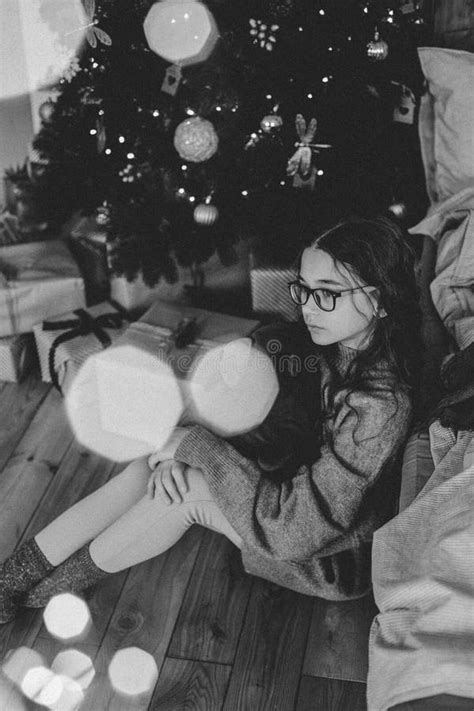 happy teenage girl sitting near christmas tree stock image image of beautiful christmas