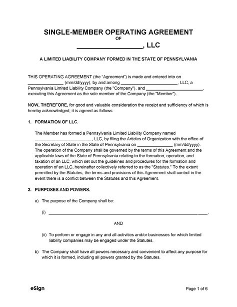 Free Pennsylvania Single Member Llc Operating Agreement Form Pdf Word