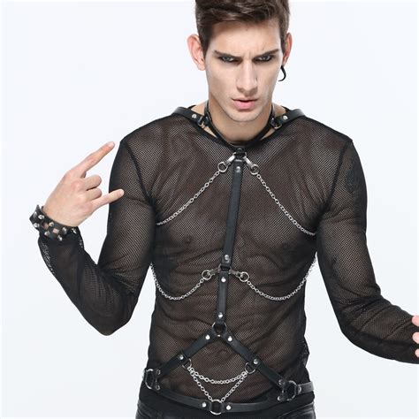 men s punk halterneck chained faux leather body chest harness punk design