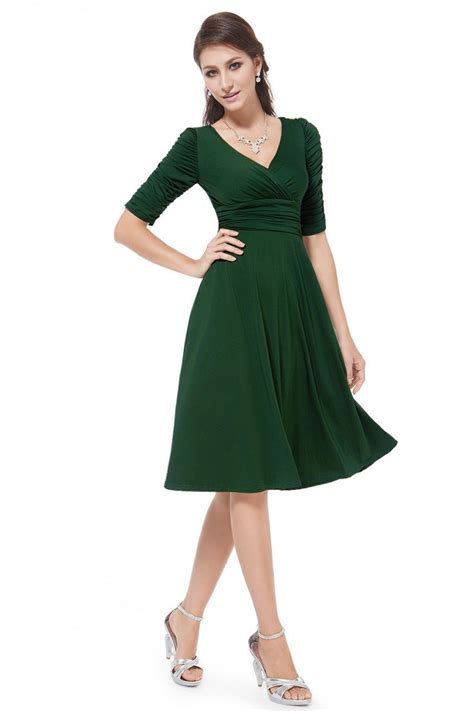 Dark Green V Neck 34 Sleeve High Stretch Short Casual Dress 34