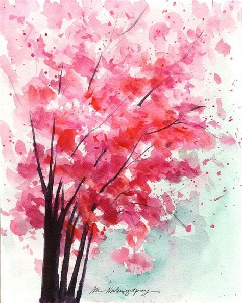 8x10 Original Watercolor Cherry Tree Painting Pink Tree Art Sakura
