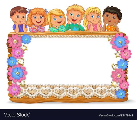 Cute Kids On Wooden Board With Blank Papper Banner Vector Eps10