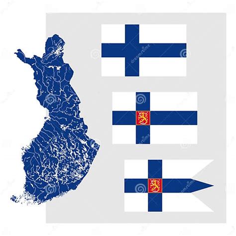 Karte Von Finnland Mit Seen Und Flüsse Und Drei Finnische Flaggen