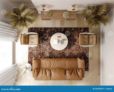 Minimalist Interior Of Modern Living Room Top View 3d Rendering Stock