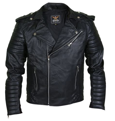 Men Black Brando Motorcycle Leather Jacket With Shoulder Epaulets And