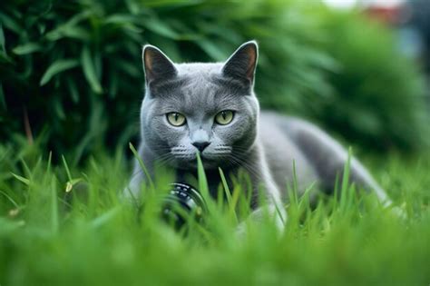 Premium Ai Image Beautiful Russian Blue Cat Sitting On The Grass With