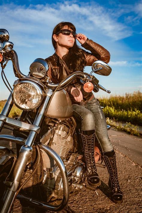 Biker Girl Sitting On Motorcycle Stock Photo Image Of Motor Light