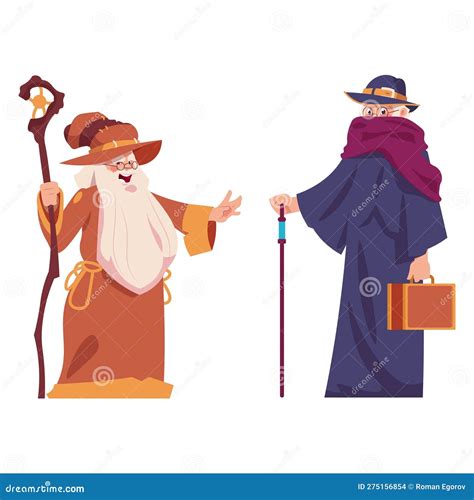 Cartoon Wizards Cute Magical Characters In Robes With Magic Stick Men