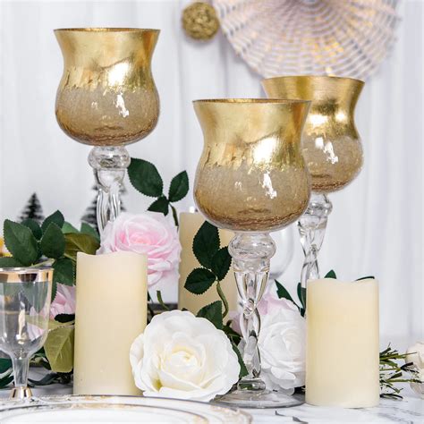 Set Of 3 Hurricane Long Stem Gold Foil Crackle Glass Vases Candle Holder Set 16 14 12