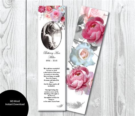 Pink Roses Funeral Bookmark Template 2″ X 8″ Microsoft Word Template