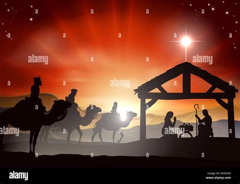 Christmas Nativity Scene With Baby Jesus In The Manger In Silhouette