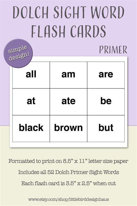 52 Dolch Primer Sight Word Flash Cards Printable Etsy