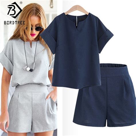 casual cotton linen two piece sets women summer v neck short sleeve tops shorts female office