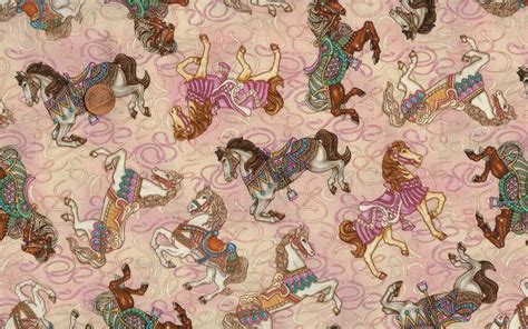 Carousel Ponies Painted Ponies On Mottled Pink Fabric Carousel