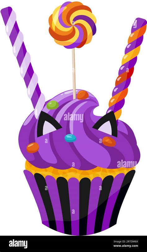 Purple Blueberry Cupcake With Candies And Cat Ears Decorated Halloween