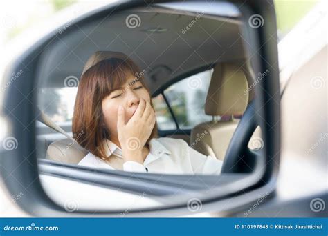 Closeup Portrait Sleepy Tired Young Woman Driving Her Car After Stock