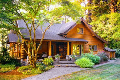 Suburban Style Log Home With Front Porch Set Among Trees With Walkway