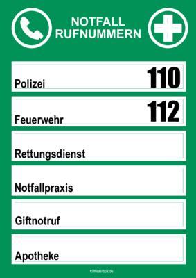 Manuskript und glossar zum ausdrucken. Notfall-Telefonnummern DE | Pdf-Vorlage zum Ausdrucken