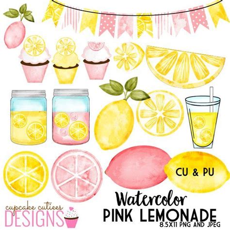Pink Lemonade Watercolor Digital Clip Art Set Digital Clip Art Set