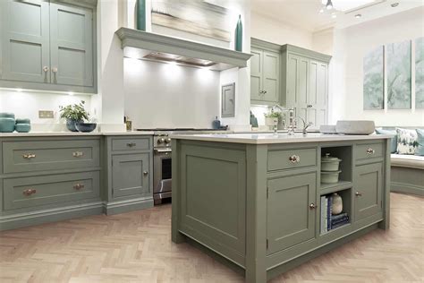 Country style sage green shaker kitchen with colonial
