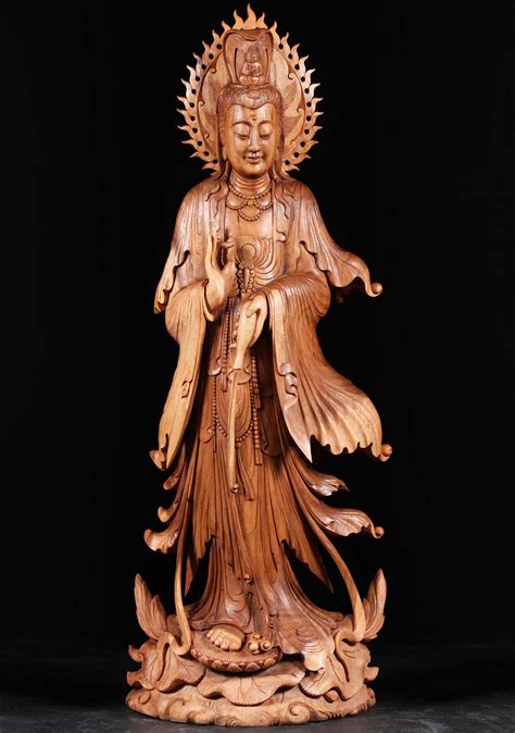 Sold Wood Radiant Kwan Yin Carving 60 97bw19 Hindu Gods And Buddha