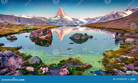 Colorful Summer Panorama Of The Stellisee Lake Stock Image Image Of