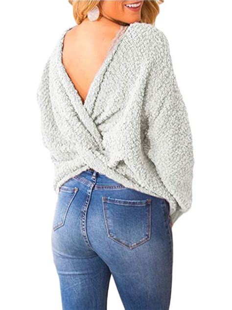 Womens Long Sleeve Criss Cross V Neck Knitted Sweater Backless