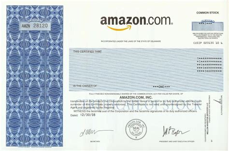 Amazon's choicefor stock certificates for corporation. Amazon.com Stock Certificate