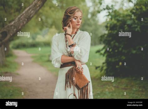 Cute Fashion Model Woman In Bohemian Style Dress Posing Outdoors Stock